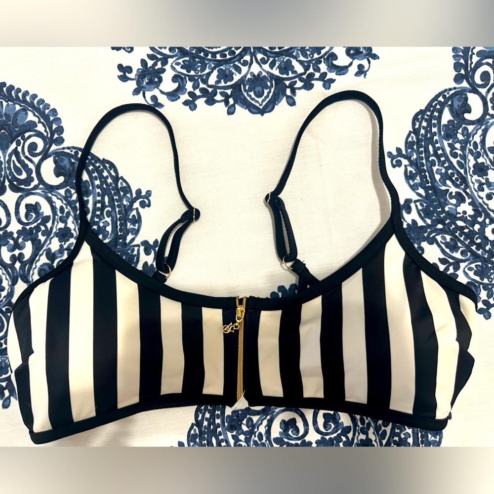 Victoria's Secret Black and White Striped Bikini Top with Front Zip